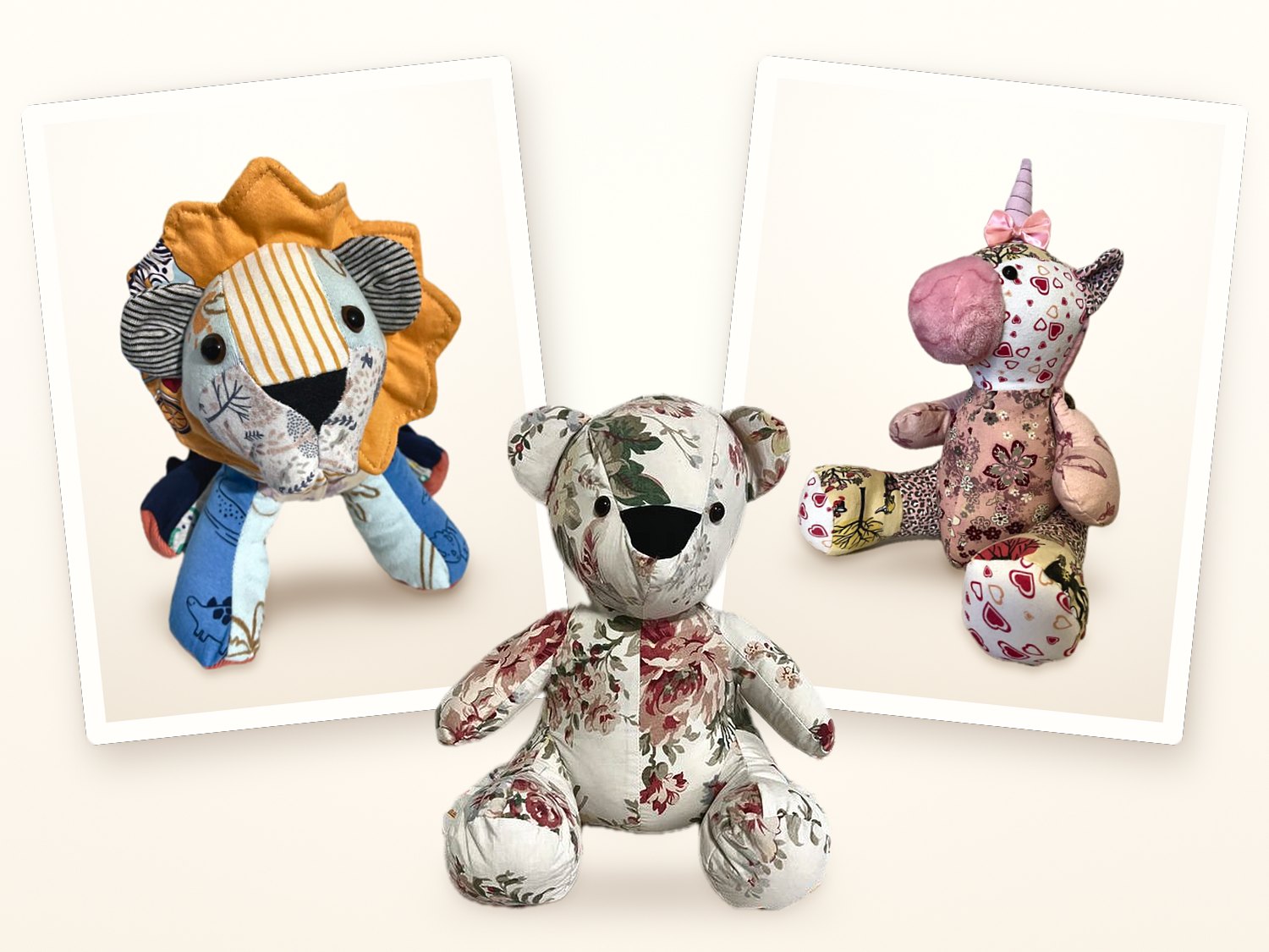 Handmade memory soft toys sewn from cherished clothes: a lion and a unicorn shown as photo prints, with a floral memory bear standing in front