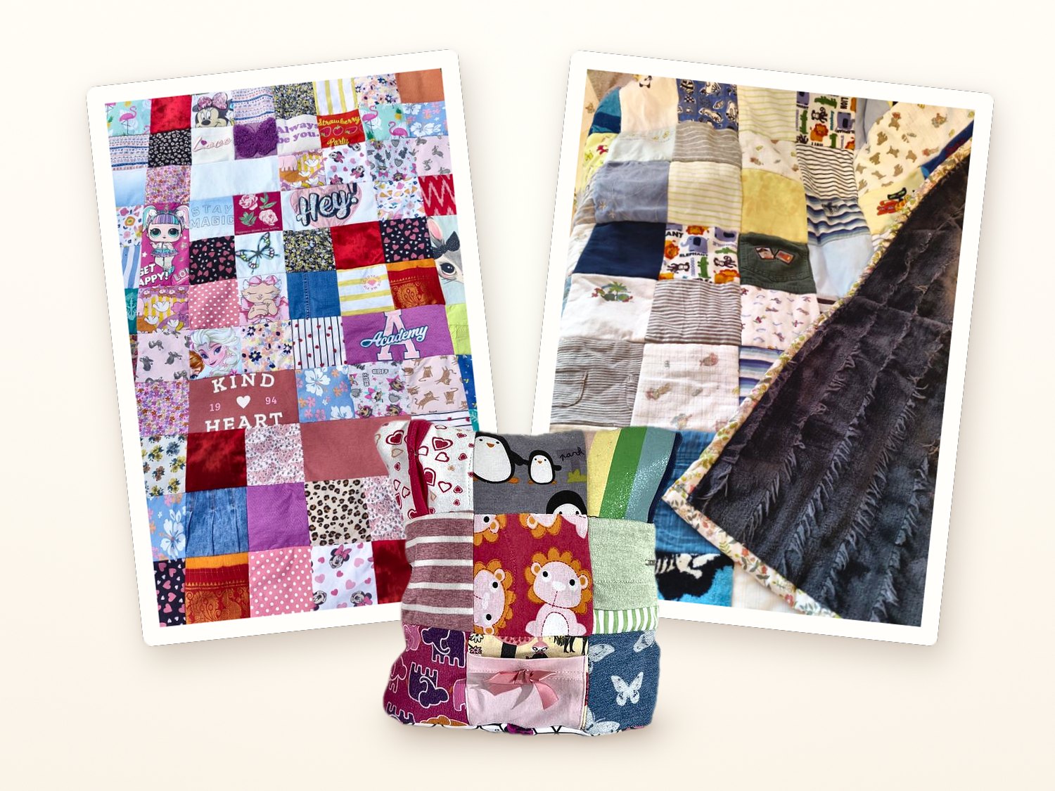 Two patchwork memory quilts sewn from children's clothes, with a patchwork memory cushion in front