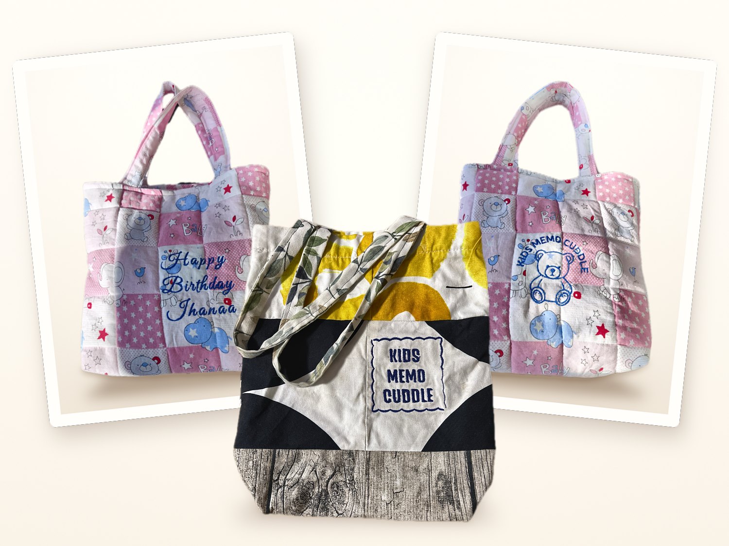 Two personalised patchwork tote bags shown as photo prints, with a tote bag with an embroidered “Kids Memo Cuddle” frame standing in front, all handmade